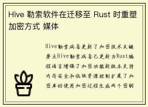 Hive 勒索软件在迁移至 Rust 时重塑加密方式 媒体
